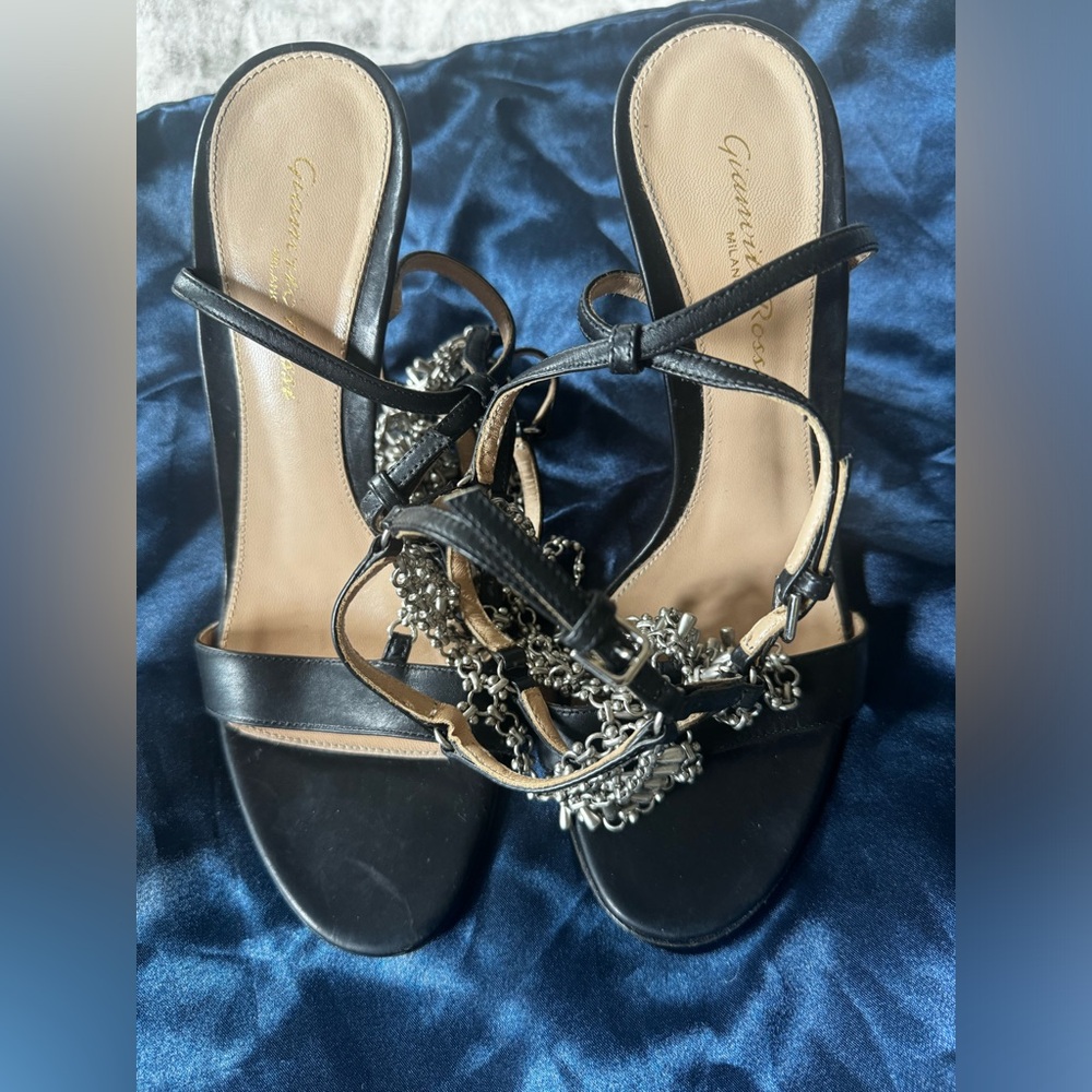 Gianvito Rossi Leather Chain-Link Accents Slingback Sandals size 6.5 37 - Picture 12 of 13